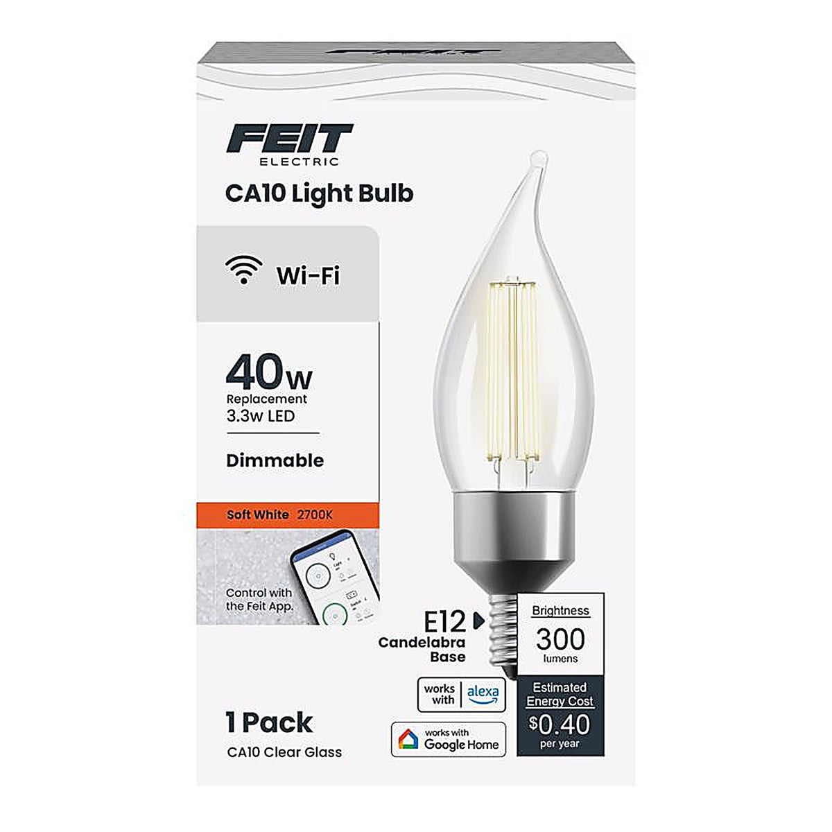 Feit Electric CFC40927CAFILAG Flame Tip E12 (Candelabra) LED Smart Bulb Soft White 40 W 1 pk