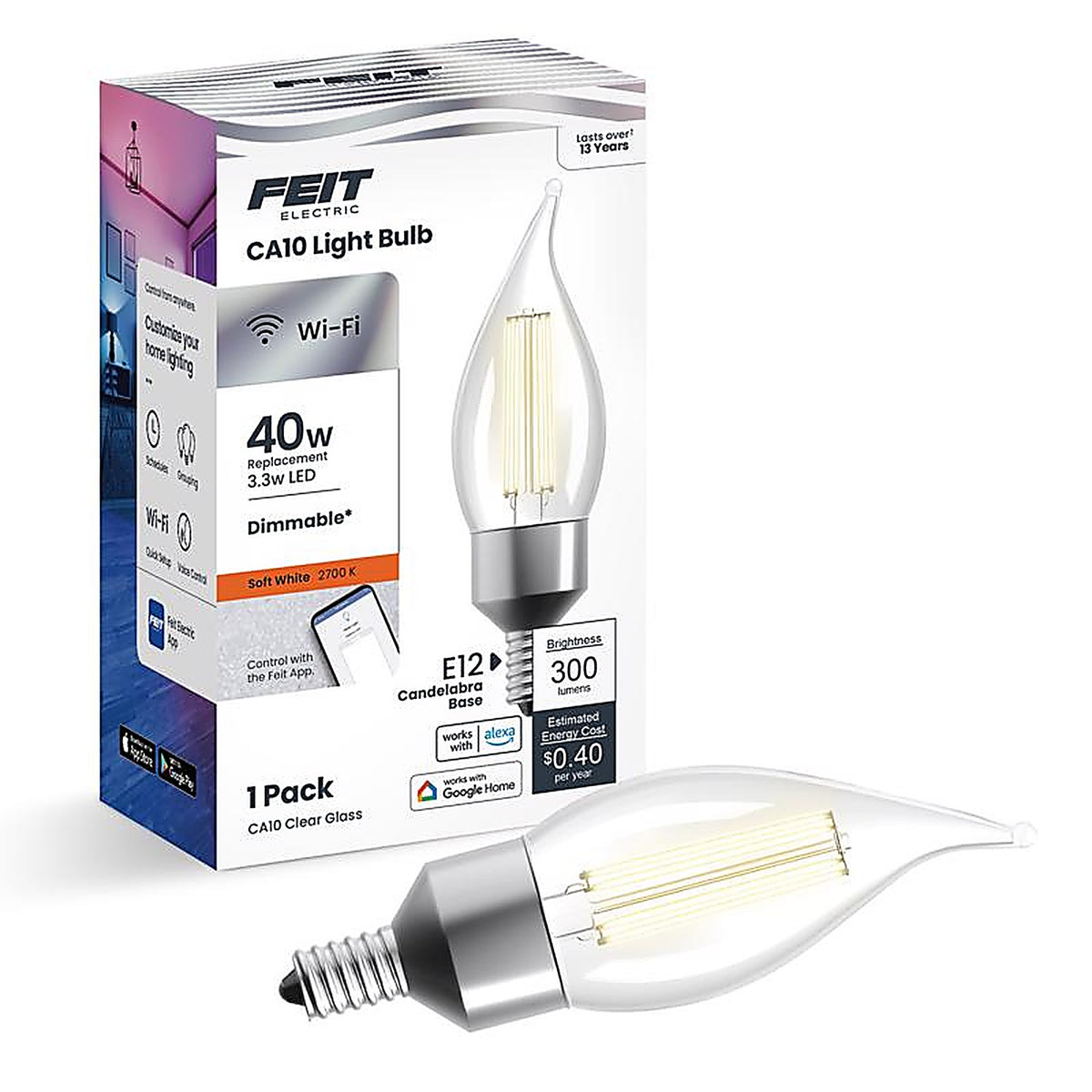 Feit Electric CFC40927CAFILAG Flame Tip E12 (Candelabra) LED Smart Bulb Soft White 40 W 1 pk