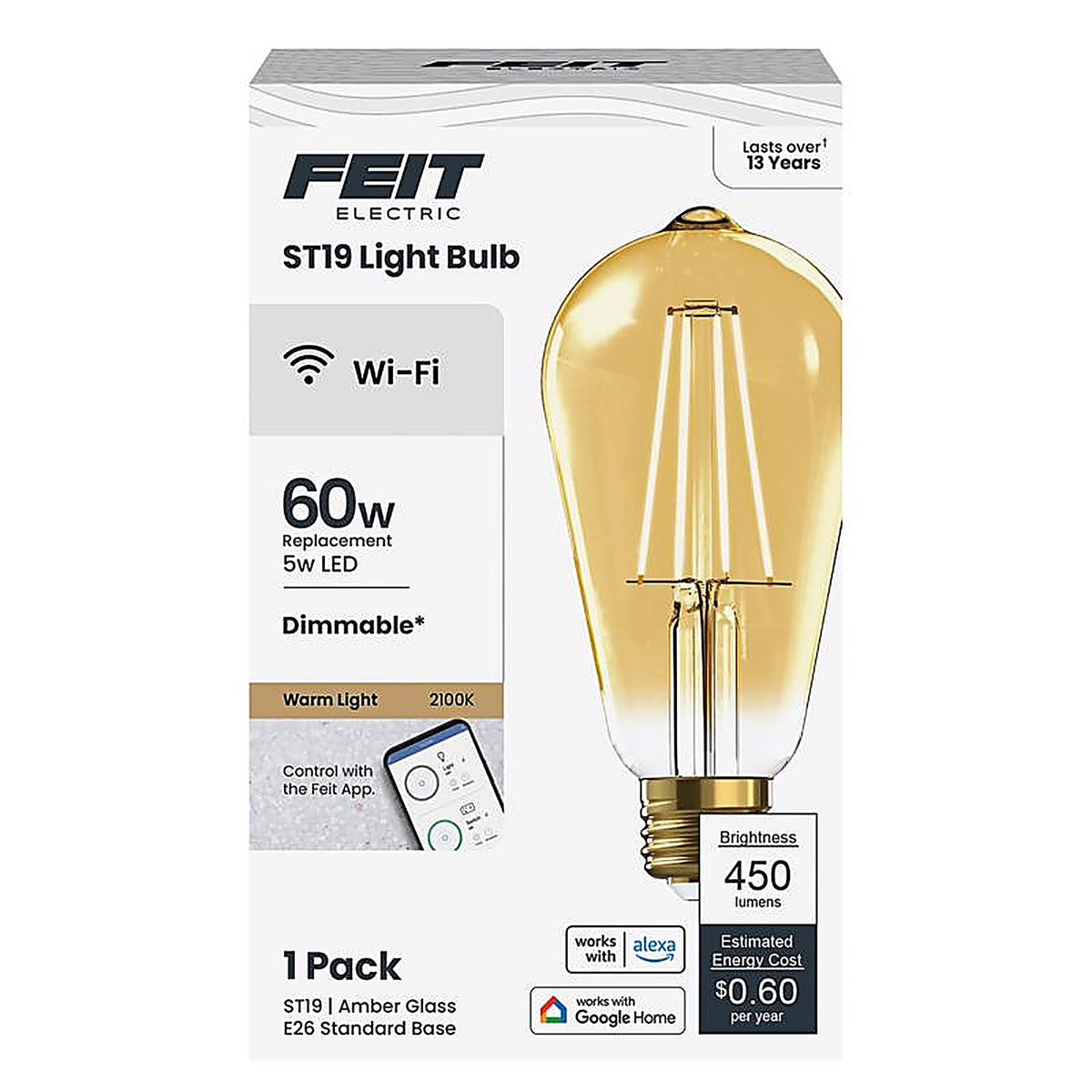 Feit Electric ST1960/FIL/AG ST19 E26 (Medium) LED Smart Bulb Amber 60 W 1 pk