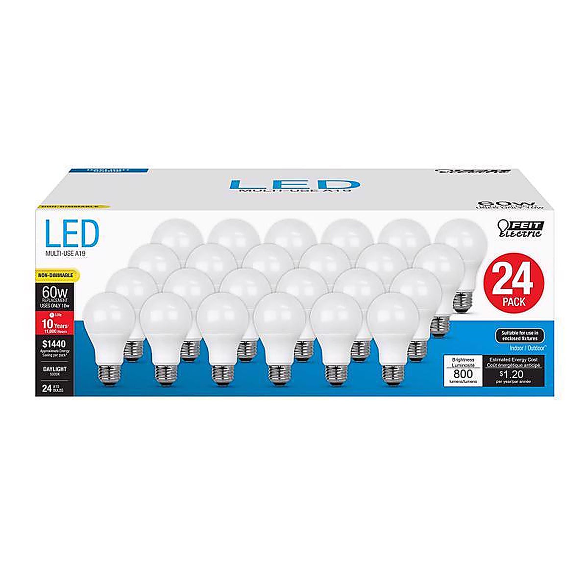 Feit - A80085010KLDP24 - A19 E26 (Medium) LED Bulb Daylight 60 Watt Equivalence 24 Pack