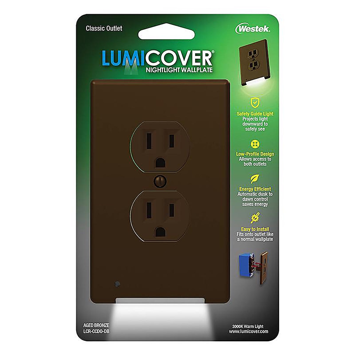 Westek LCR-CCDO-DB LumiCover Aged Bronze Bronze 2 gang Plastic Duplex Outlet Nightlight Wall Plate 1/Pack