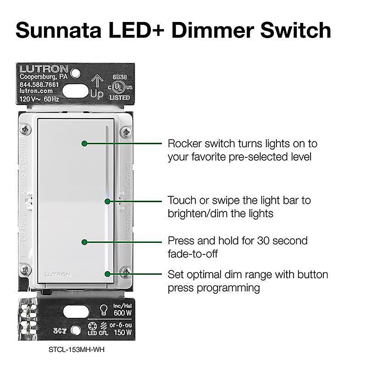 Lutron STCL-153MH-WH Sunnata 1.25 amps Single Pole 3-Way Dimmer Switch White 1 pk