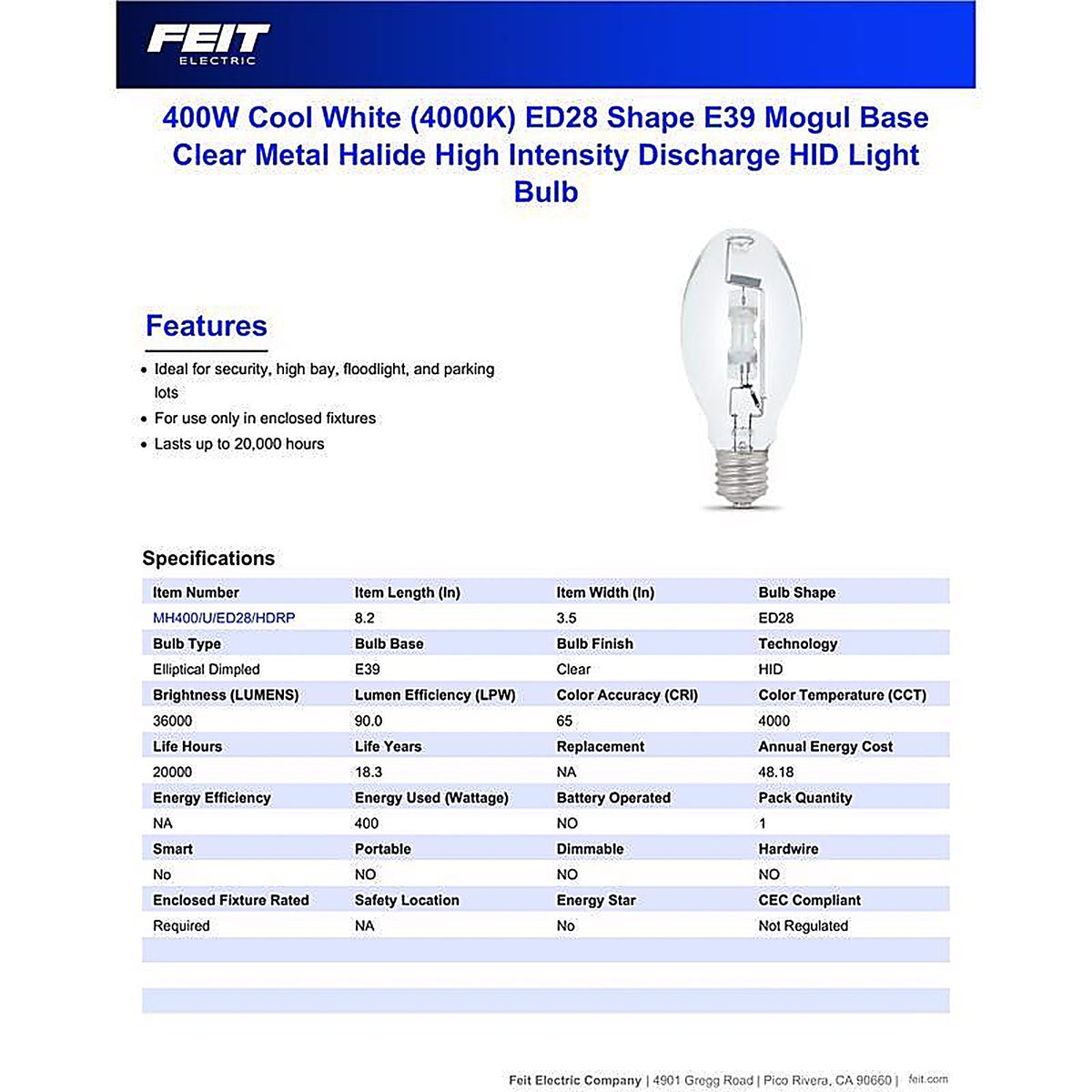 Feit - MH400UED28HDRP - 400 W Ed28 Hid Bulb 36000 LM Bright White Metal Halide 1 Pack