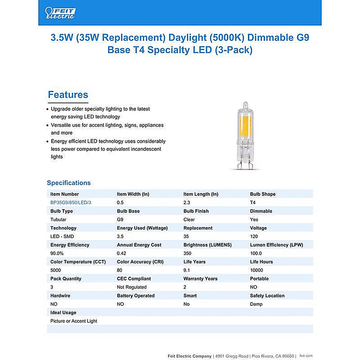 Feit Electric BP35G9850LED3PK T4 G9 LED Bulb Daylight 35 W 3 pk