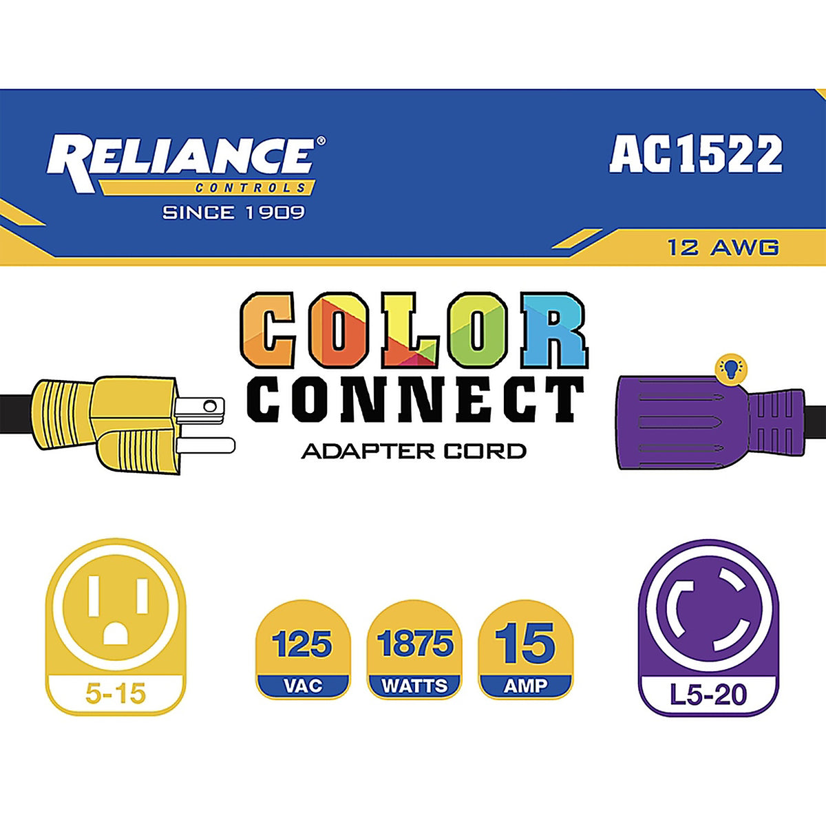 Reliance - AC1522 - Controls Color Connect 12/3 Sjtw 120 V 12 In. L Adapter Cord