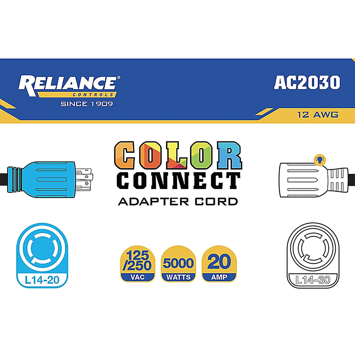 Reliance - AC2030 - Controls Color Connect 12/3 Sjtw 120/240 V 12 In. L Adapter Cord