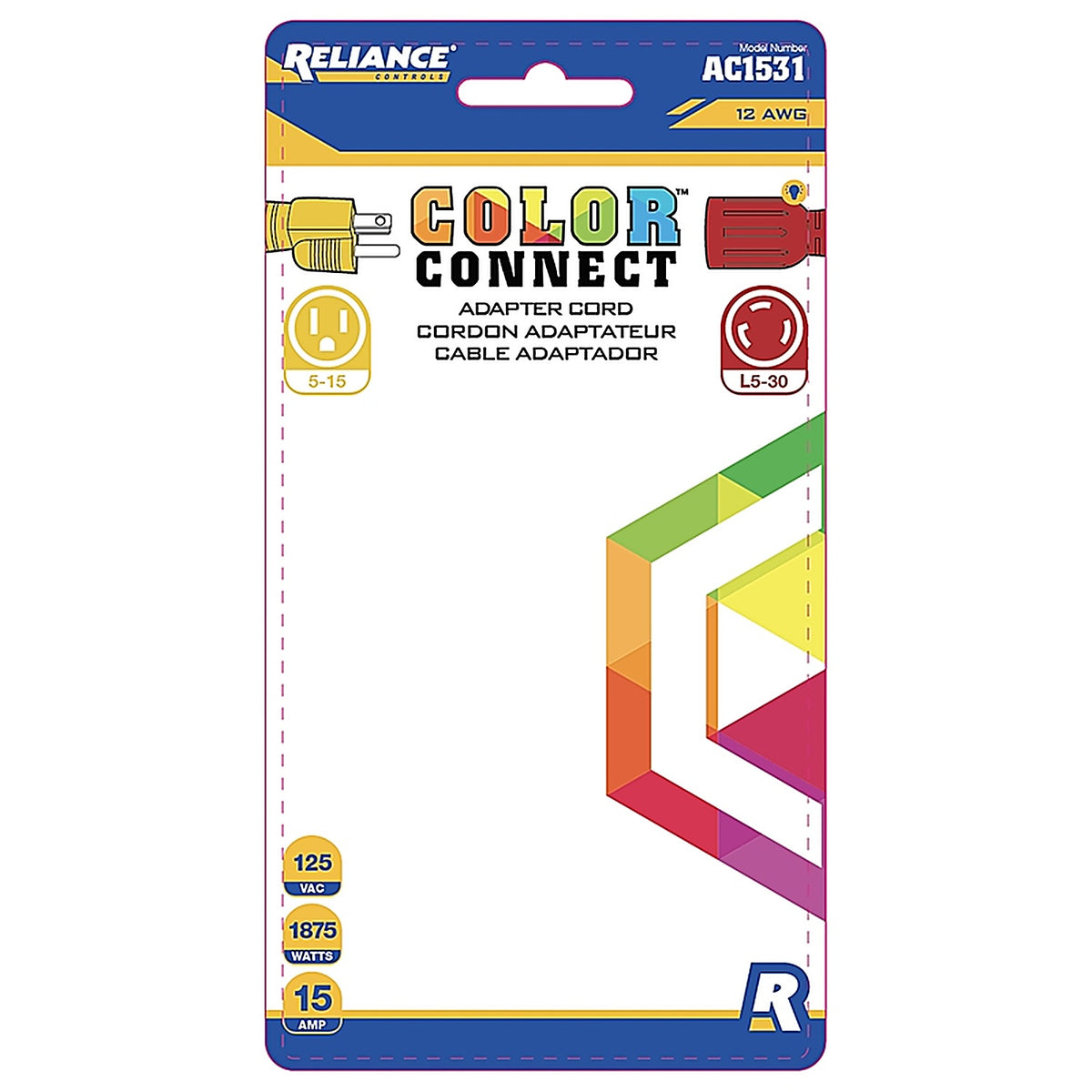 Reliance - AC1531 - Controls Color Connect 12/3 Sjtw 120 V 12 In. L Adapter Cord