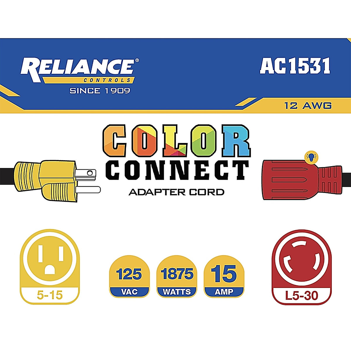 Reliance - AC1531 - Controls Color Connect 12/3 Sjtw 120 V 12 In. L Adapter Cord