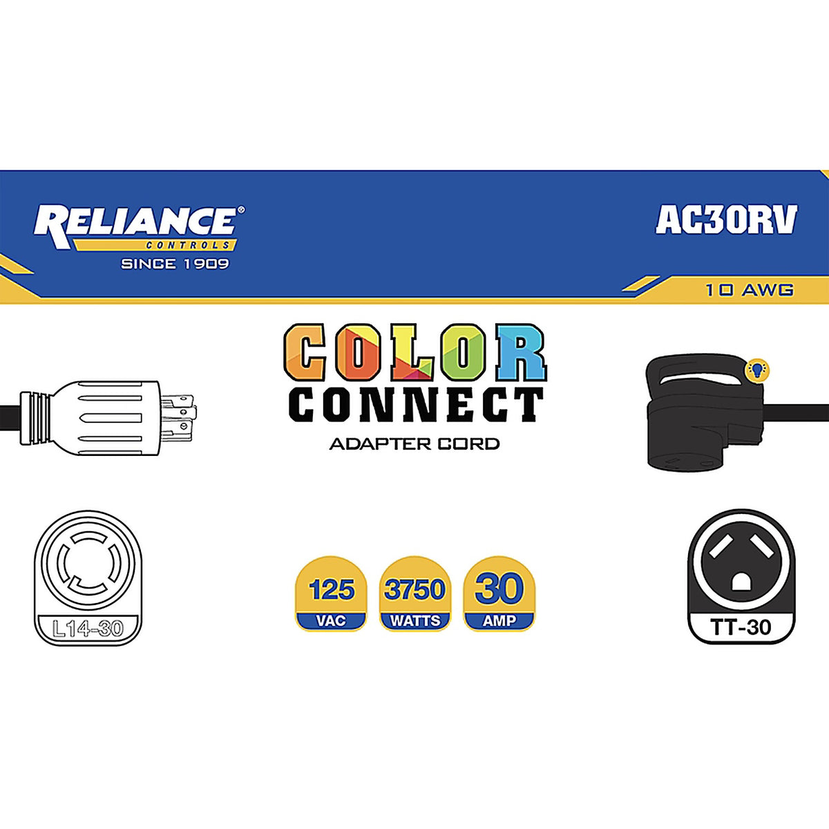 Reliance - AC30RV - Controls Color Connect 10/3 Sjtw 120 V 12 In. L Adapter Cord