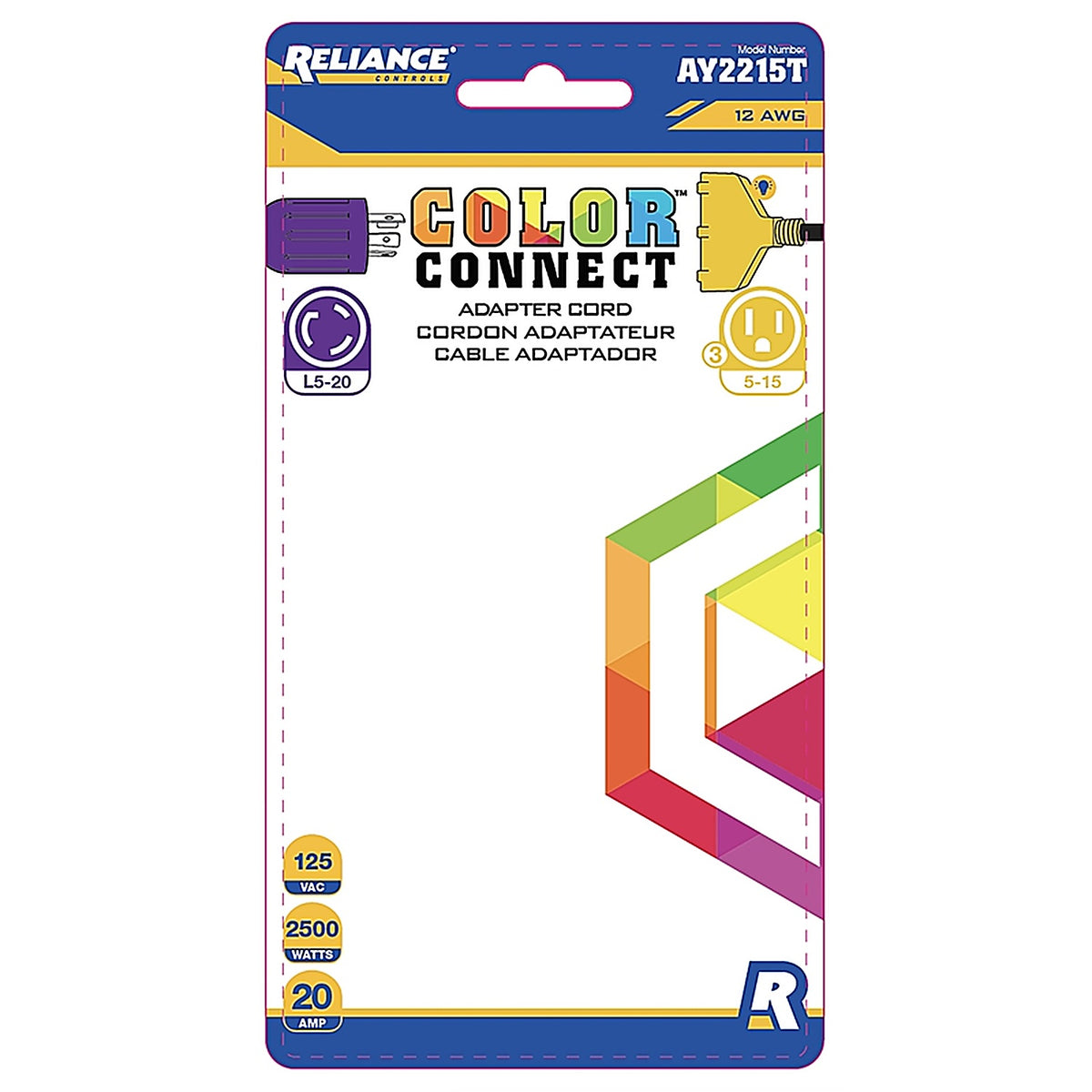 Reliance - AY2215T - Controls Color Connect 12/3 Sjtw 120 V 12 In. L Splitter Cord