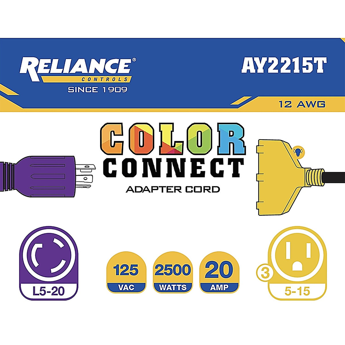 Reliance - AY2215T - Controls Color Connect 12/3 Sjtw 120 V 12 In. L Splitter Cord
