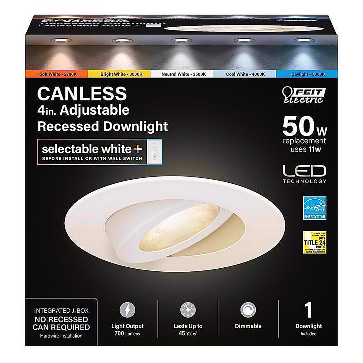 Feit Electric LEDR4XTADJ6WYCA White 4 in. W Aluminum LED Canless Recessed Downlight 50 W