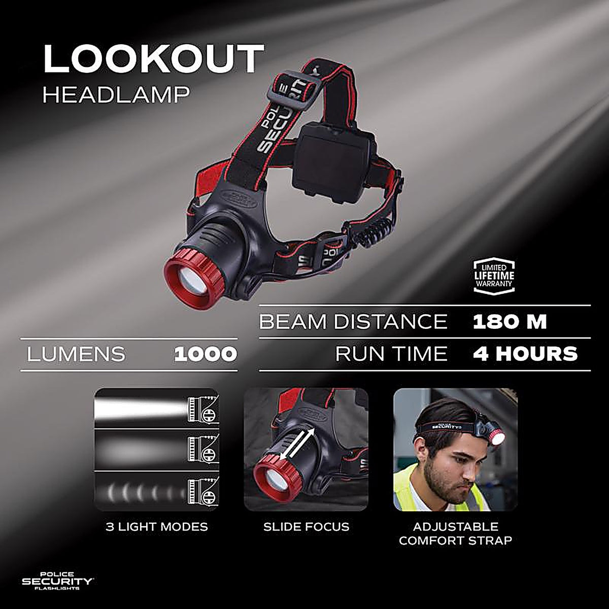 Police Security - 98070 - Lookout 1000 LM Black LED Head Lamp AA Battery