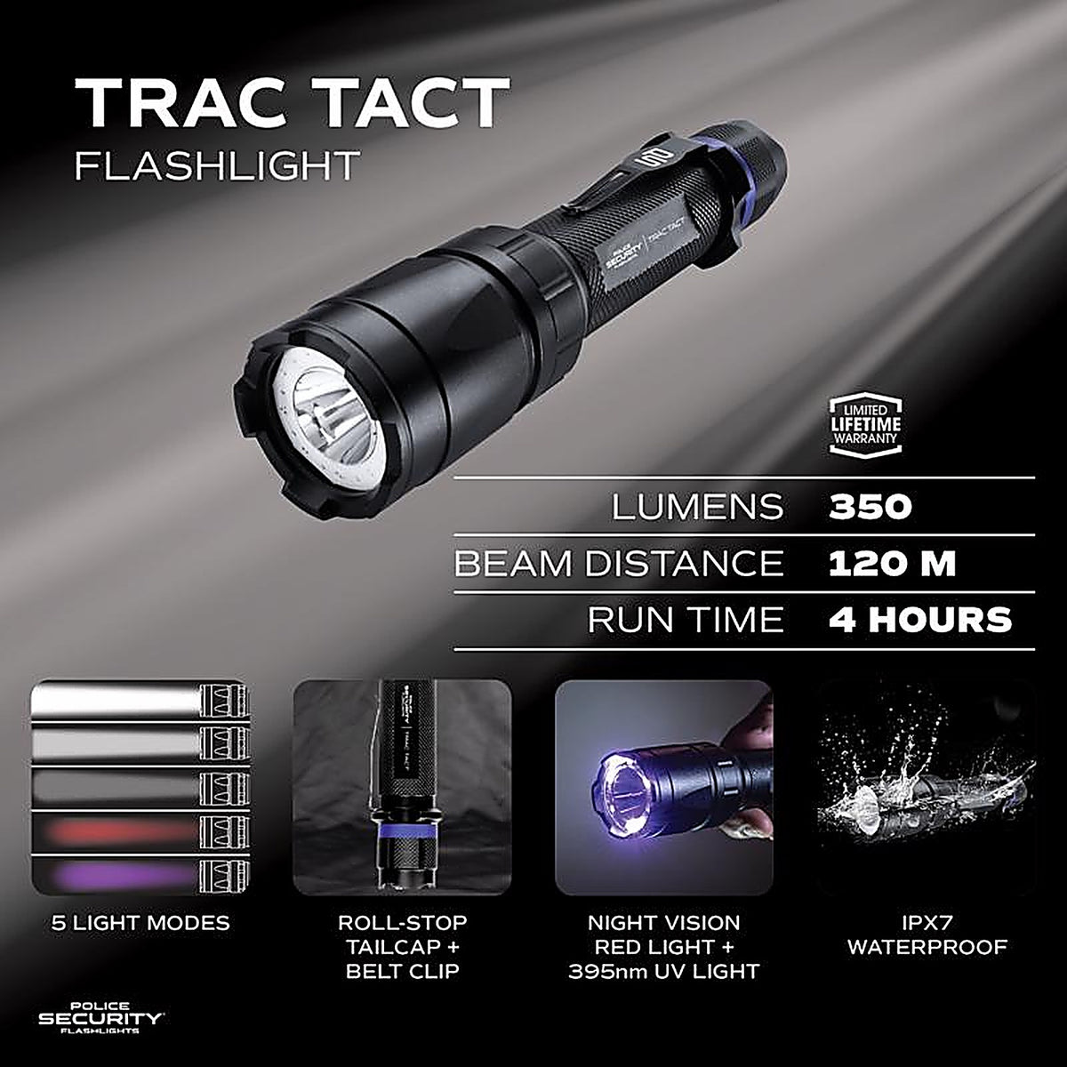 Police Security - 99490 - Trac-Tact 350 LM Black LED Flashlight AA Battery