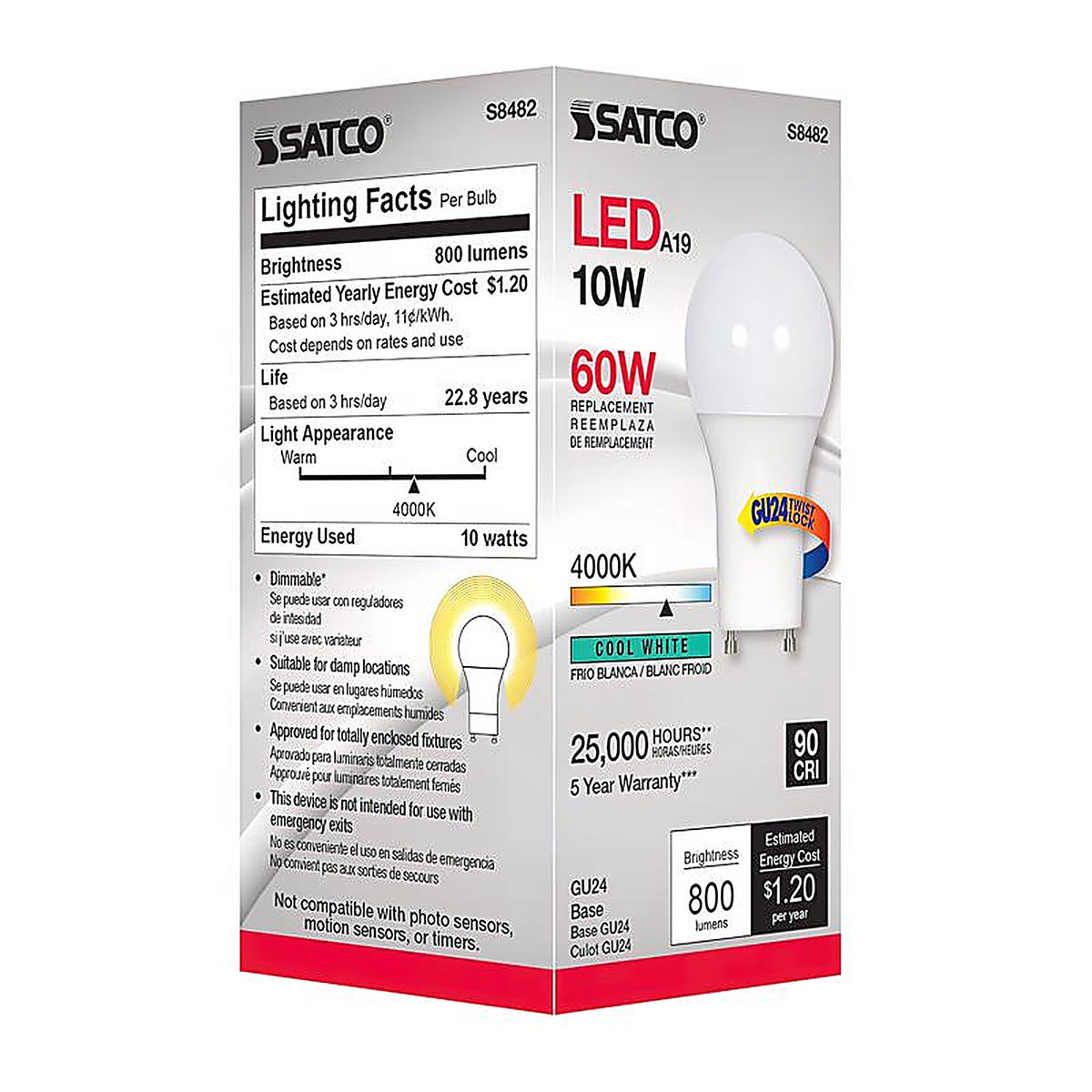 Satco - S8482 - A19 Gu24 LED Bulb Cool White 60 Watt Equivalence 1 Pack