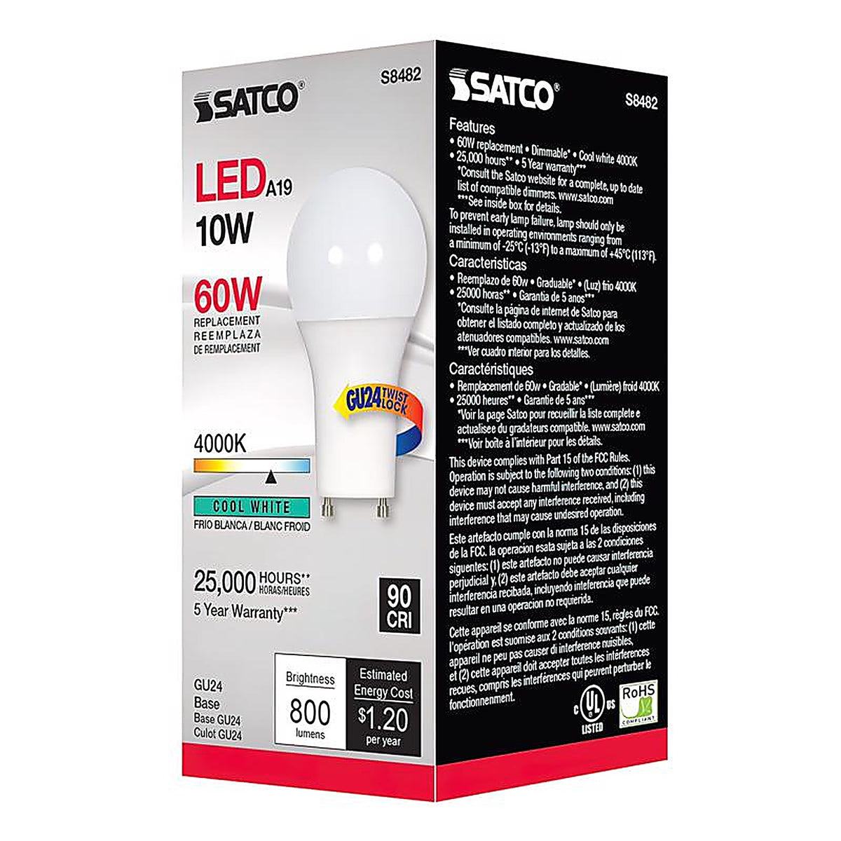 Satco - S8482 - A19 Gu24 LED Bulb Cool White 60 Watt Equivalence 1 Pack