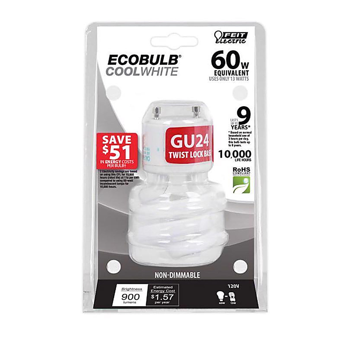 Feit - BPESL13T/GU24 - Ecobulb 13 W G25 2.09 In. D X 3.66 In. L Cfl Bulb Soft White Spiral 2700 K 1 Pack