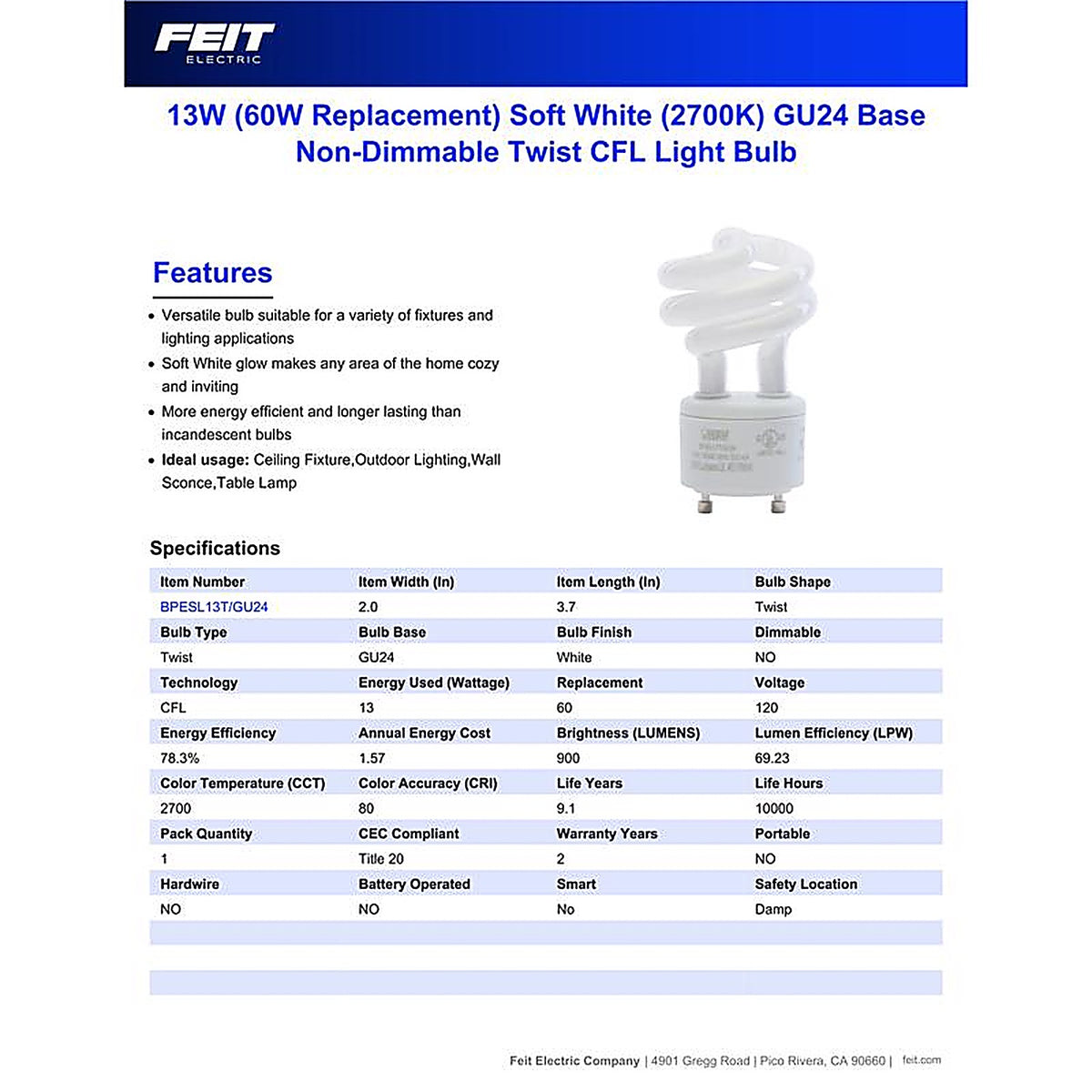 Feit - BPESL13T/GU24 - Ecobulb 13 W G25 2.09 In. D X 3.66 In. L Cfl Bulb Soft White Spiral 2700 K 1 Pack