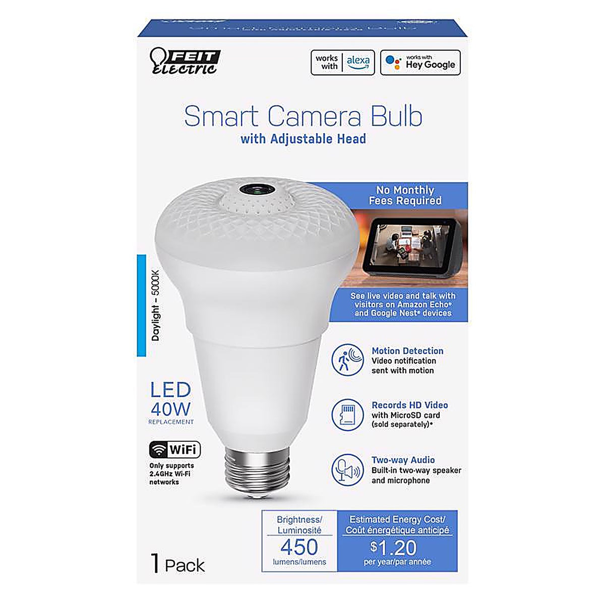 Feit - A450850CAMWIFIL - Smart Home A23 E26 (Medium) Smart-Enabled LED Bulb Daylight 40 Watt Equivalence 1 Pack
