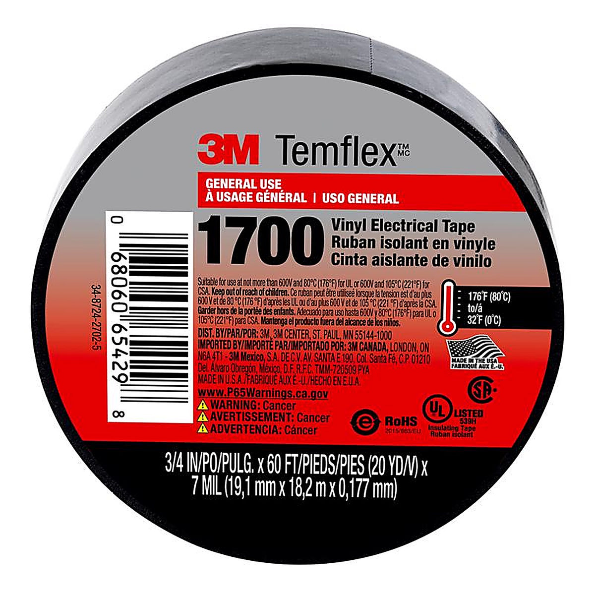3M 1700-1PK-BB40 Temflex 3/4 in. W X 60 ft. L Black Vinyl Electrical Tape