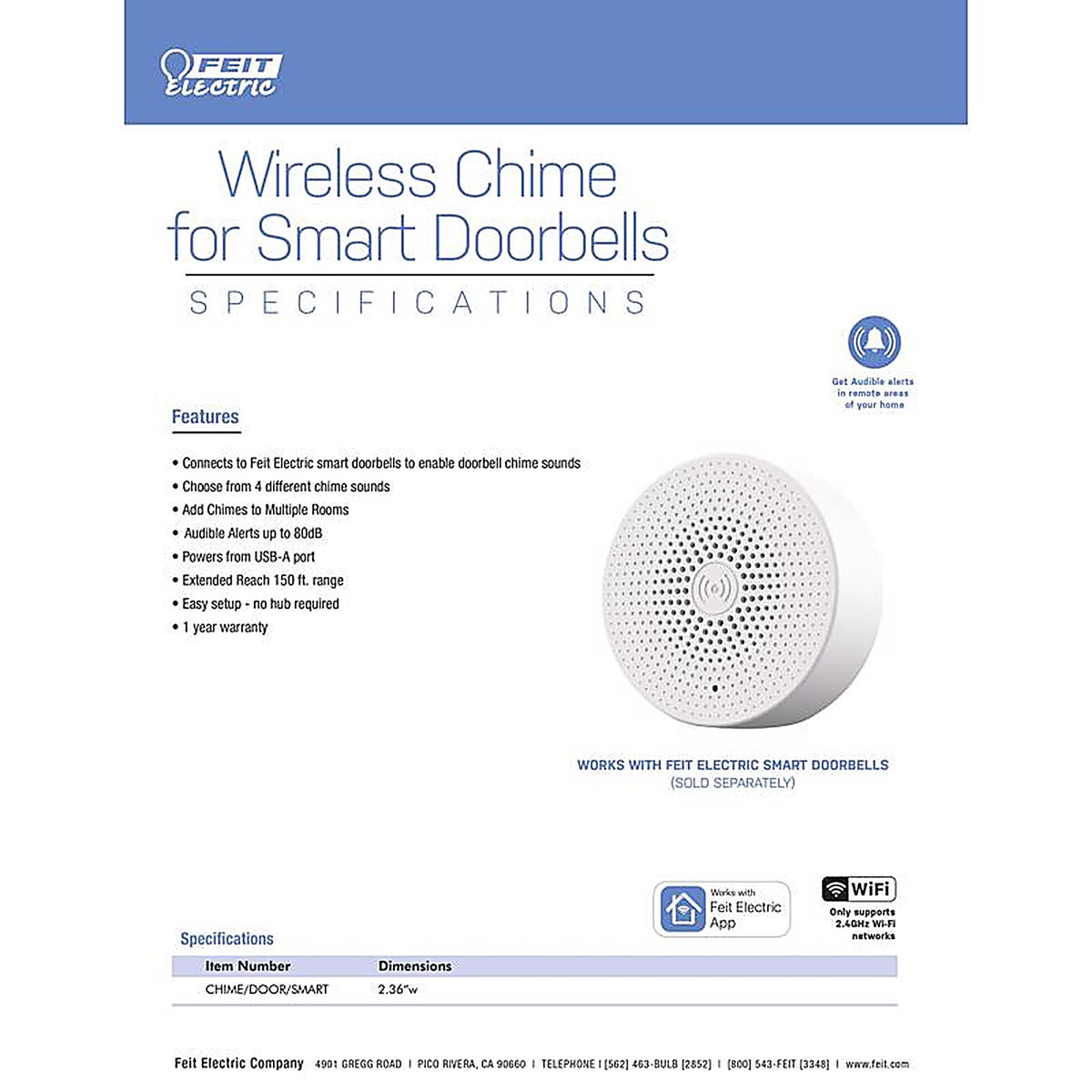 Feit Electric CHIME/DOORSMART White Plastic Wireless Door Chime Bell