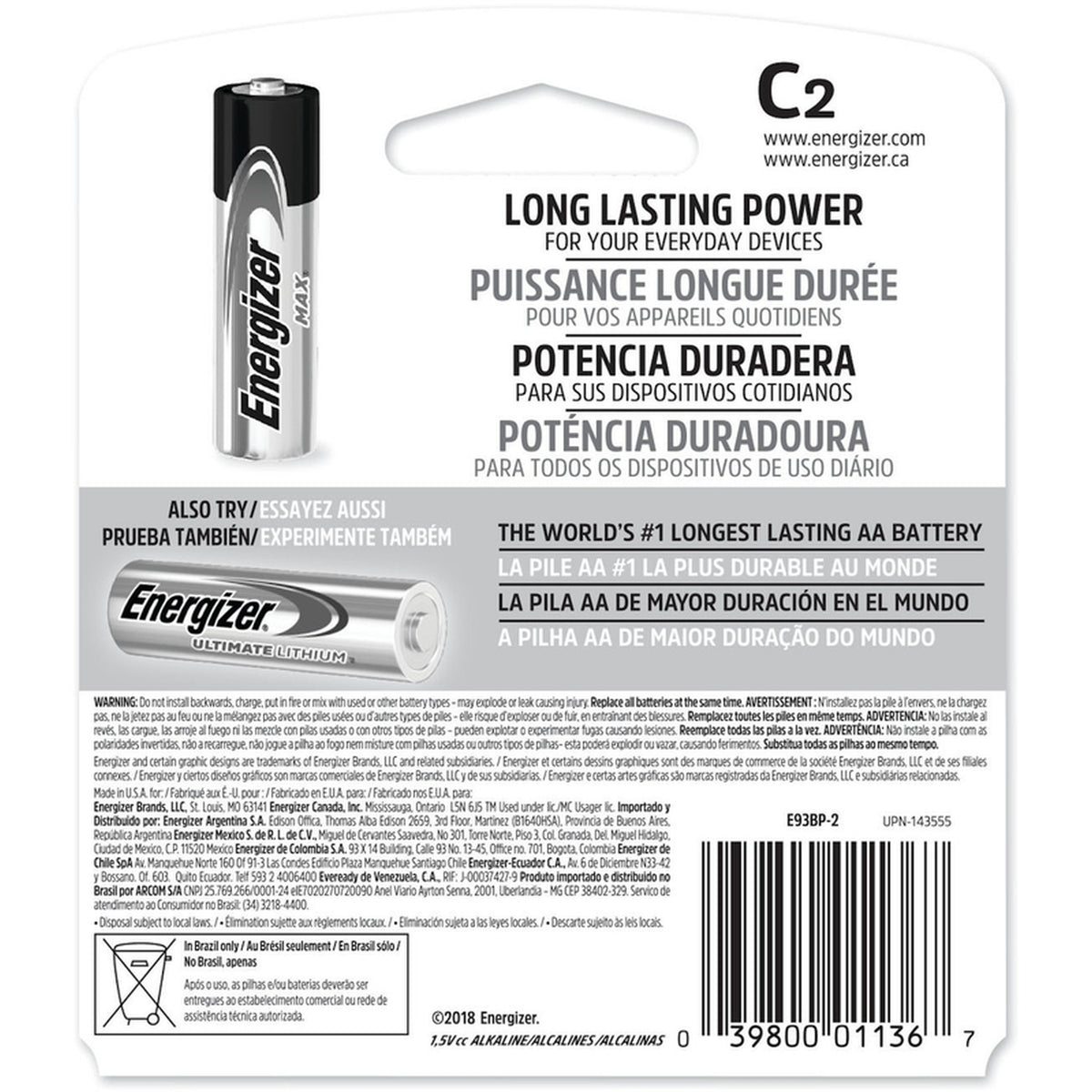 Energizer E93BP-2 Max C Alkaline Batteries 2 pk Carded