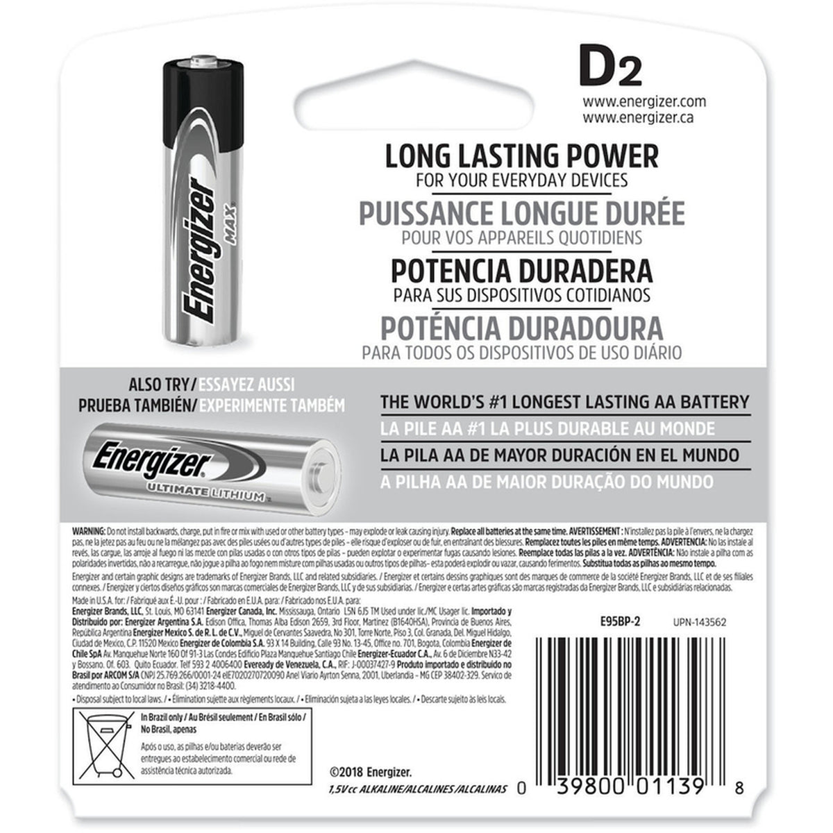 Energizer E95BP-2(GE) Max D Alkaline Batteries 2 pk Carded