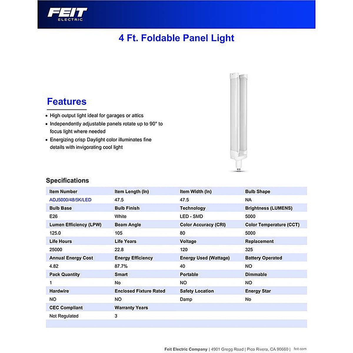 Feit Electric ADJ5000/485KLED 40 W ED26 LED Foldable Light 5000 lm Daylight High Lumen 1 pk