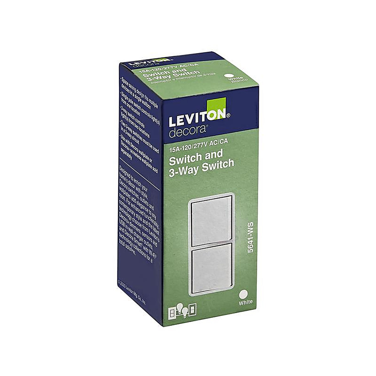 Leviton - 05641-0WS - Decora 15 Amps Single Pole 3-Way/Combination Duplex Combination Switch White 1 Pack