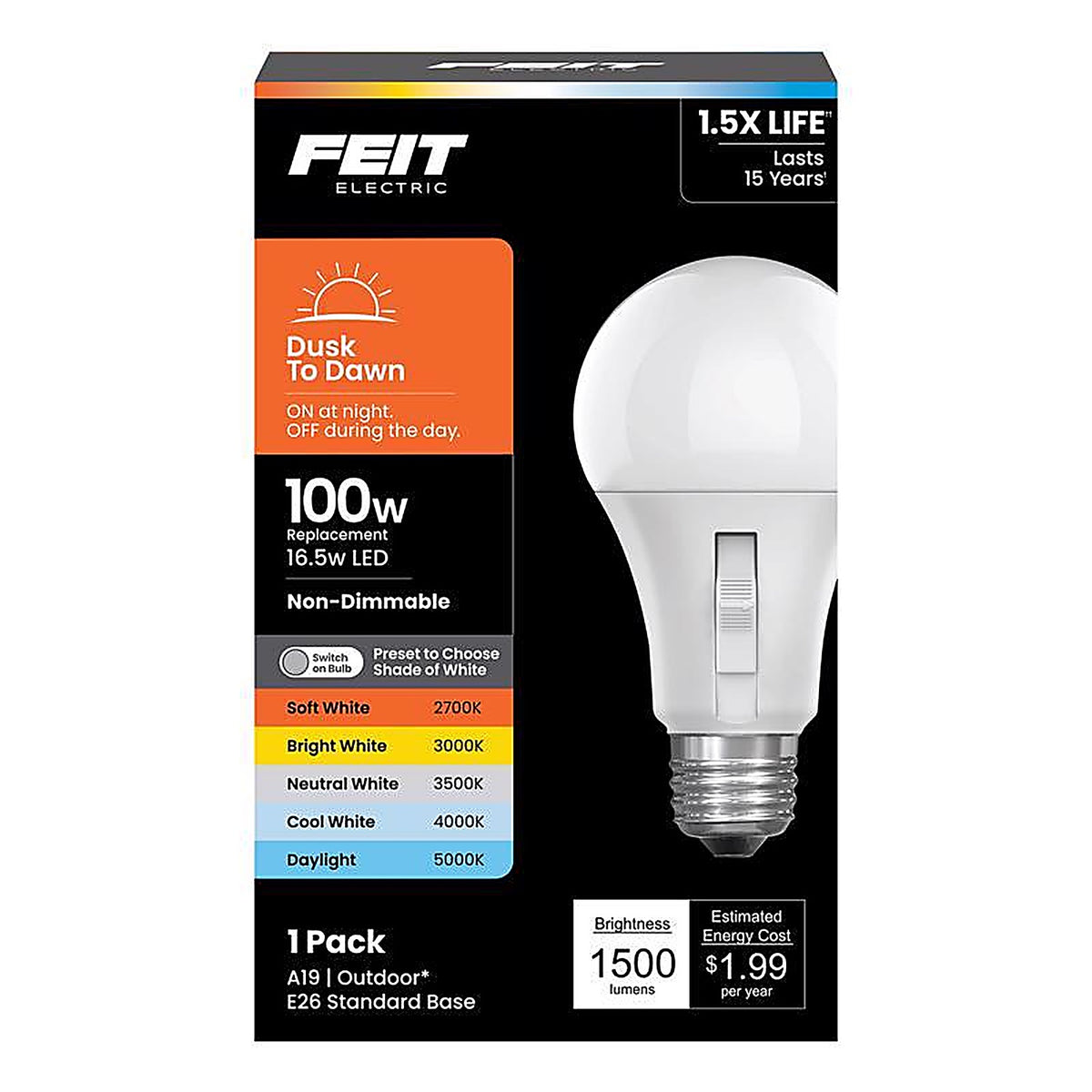 Feit Electric OM1003CCTCADDLI A19 E26 (Medium) LED Dusk to Dawn Bulb Tunable White/Color Changing 100 Watt Equivalen