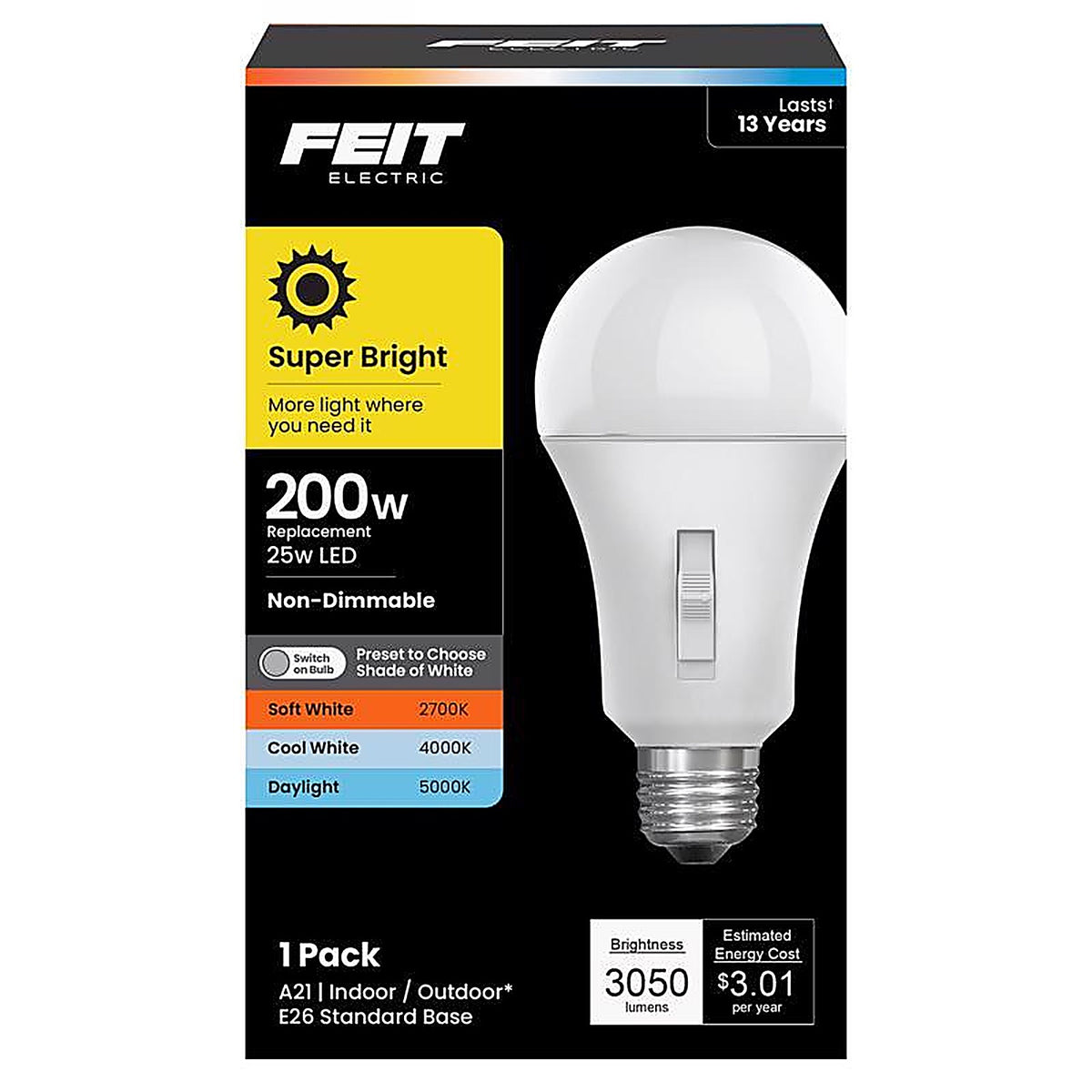 Feit Electric OM200/3CCT/LEDI A21 E26 (Medium) LED Bulb Tunable White/Color Changing 200 Watt Equivalence 1 pk