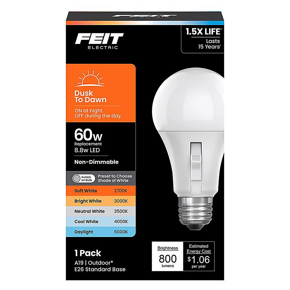 Feit Electric OM603CCTCADDLDI A19 E26 (Medium) LED Dusk to Dawn Bulb Tunable White/Color Changing 60 Watt Equivalenc