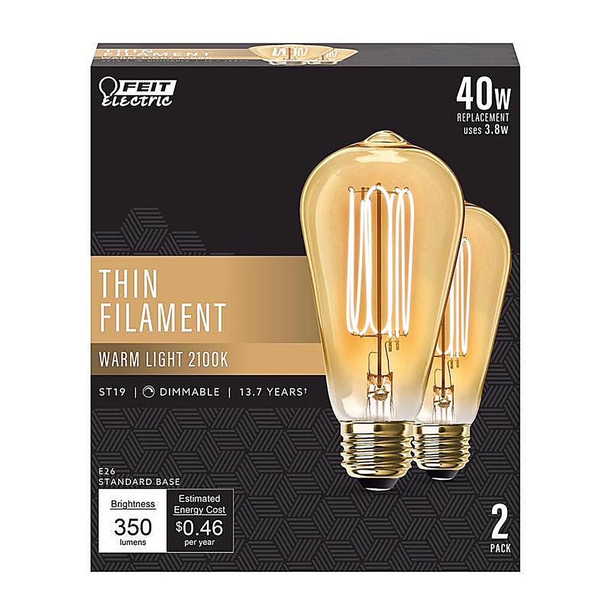 Feit - ST1940/VGTFIL2 - St19 E26 (Medium) Filament LED Bulb Warm White 40 Watt Equivalence 2 Pack