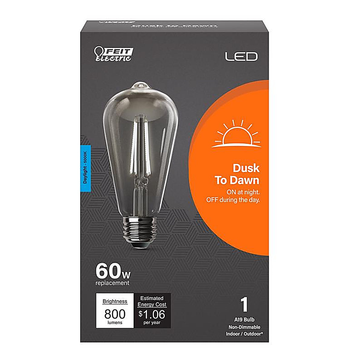 Feit Electric ST19C950CADFILD ST19 E26 (Medium) LED Dusk to Dawn Bulb Daylight 60 Watt Equivalence 1 pk