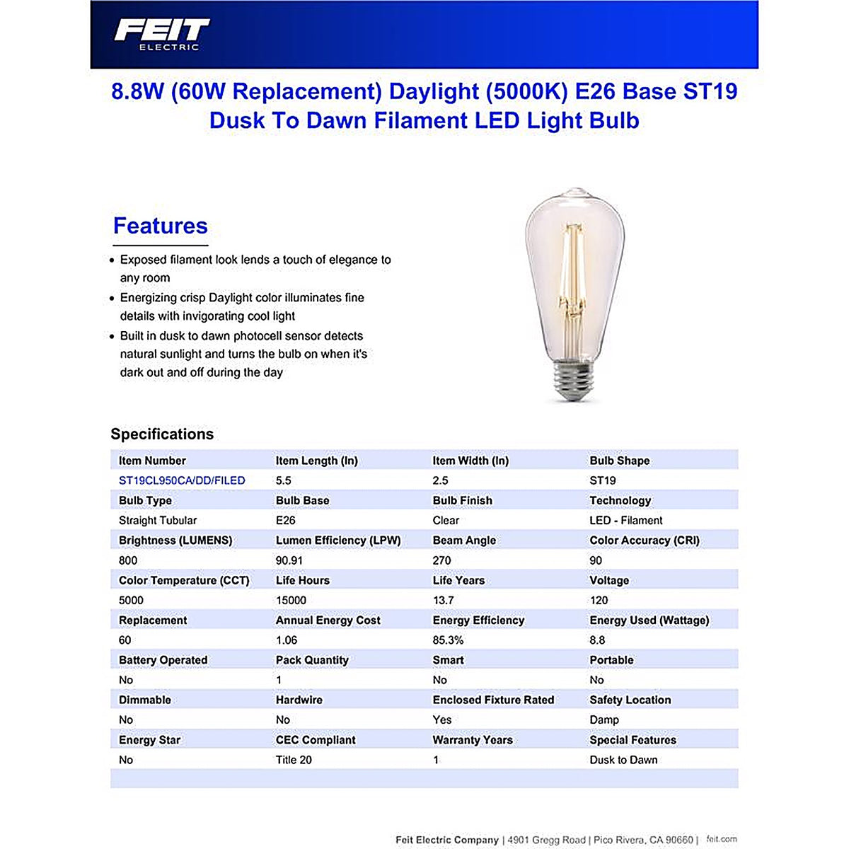 Feit Electric ST19C950CADFILD ST19 E26 (Medium) LED Dusk to Dawn Bulb Daylight 60 Watt Equivalence 1 pk