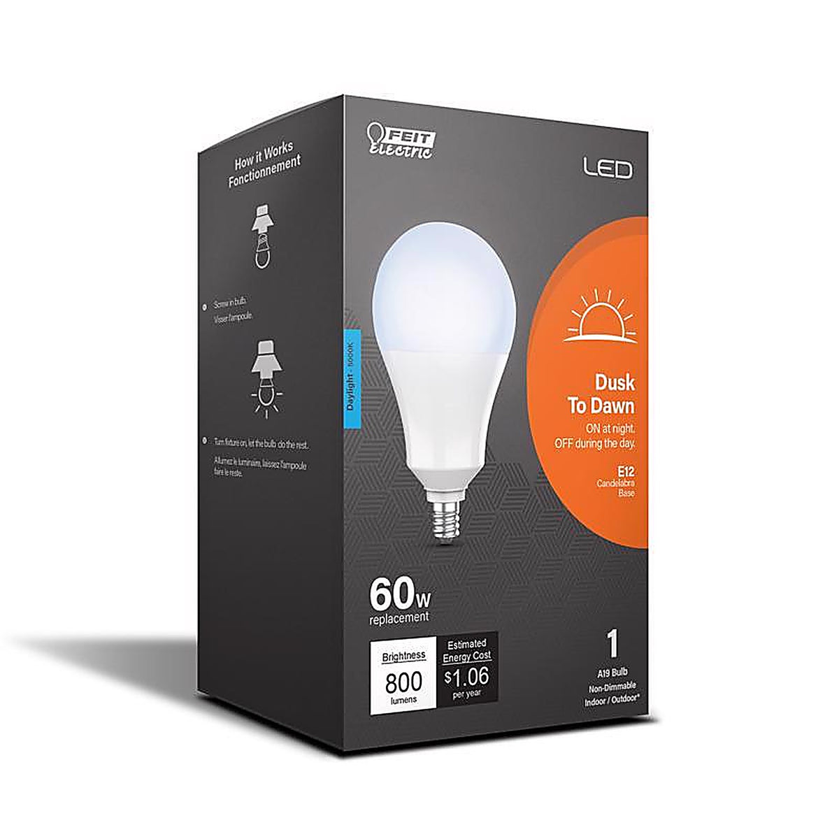 Feit Electric A800C950CADDLED E12 E12 (Candelabra) LED Dusk to Dawn Bulb Daylight 60 Watt Equivalence 1 pk