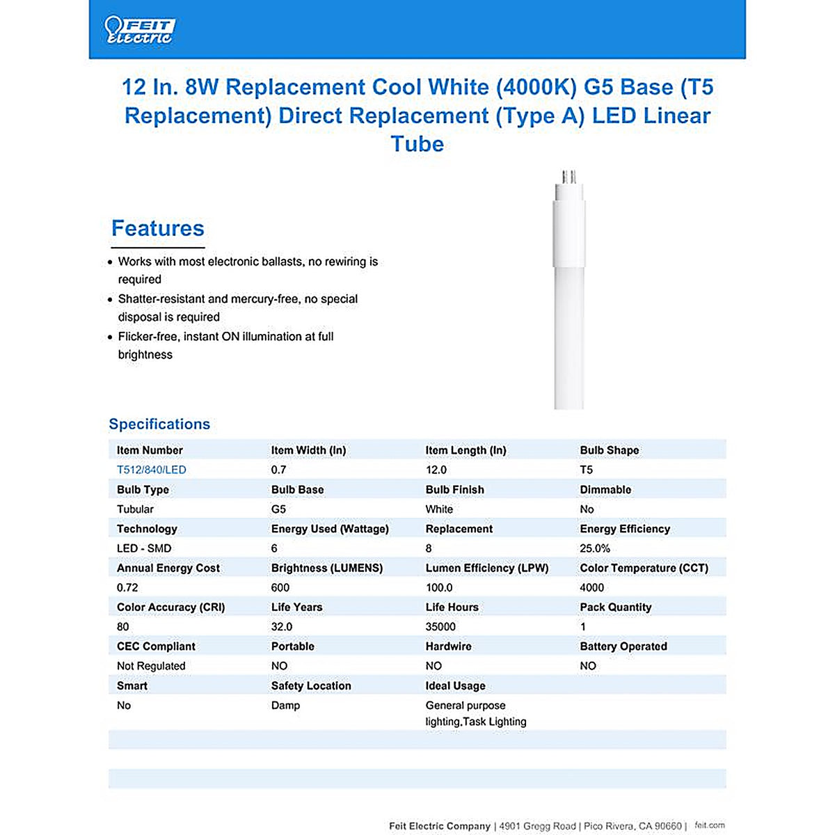Feit - T512/840/LED - T5 Cool White 12 In. Bi-Pin Base Linear LED Linear Lamp 8 Watt Equivalence 1 Pack