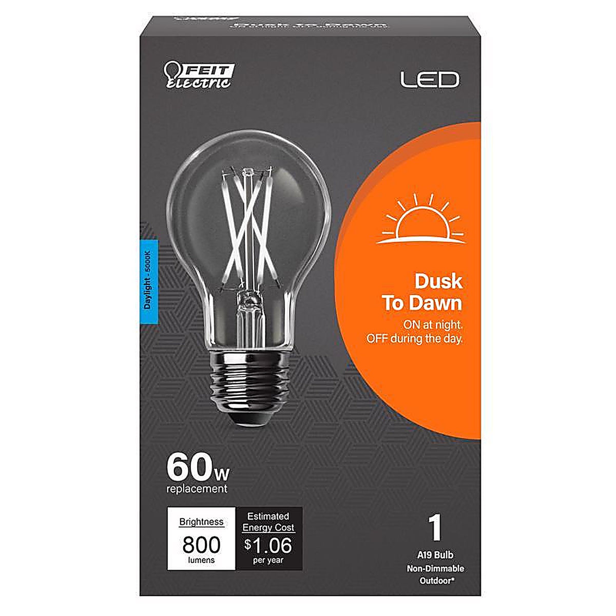 Feit Electric A800CL950CADLED A19 E26 (Medium) LED Dusk to Dawn Bulb Daylight 60 Watt Equivalence 1 pk