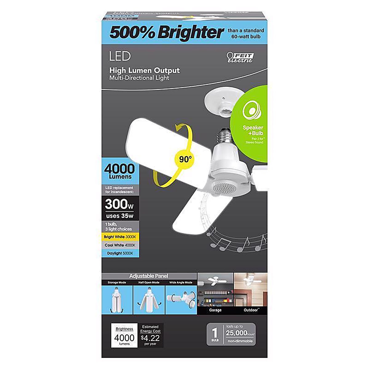 Feit Electric BTADJ40003CCTLE E26 E26 (Medium) LED Speaker Bulb Bright White 300 Watt Equivalence 1 pk