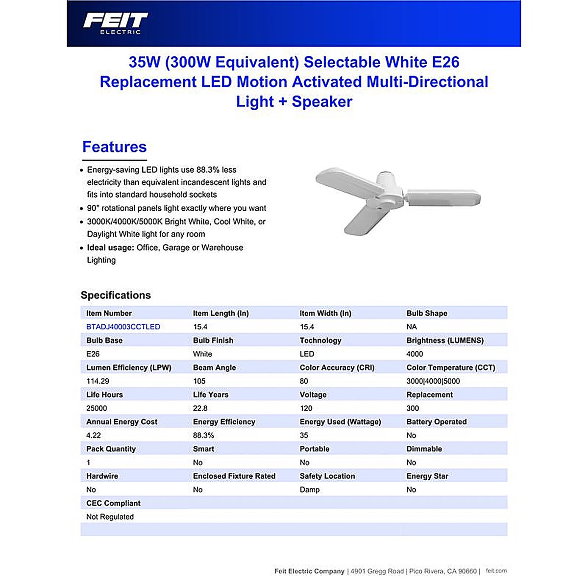 Feit Electric BTADJ40003CCTLE E26 E26 (Medium) LED Speaker Bulb Bright White 300 Watt Equivalence 1 pk