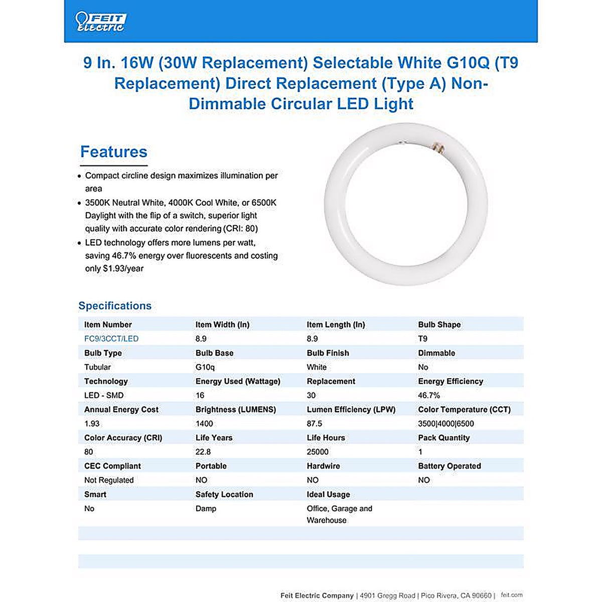 Feit Electric FC9/3CCT/LED T9 4-Pin LED Tube Light Color Changing 30 Watt Equivalence 1 pk