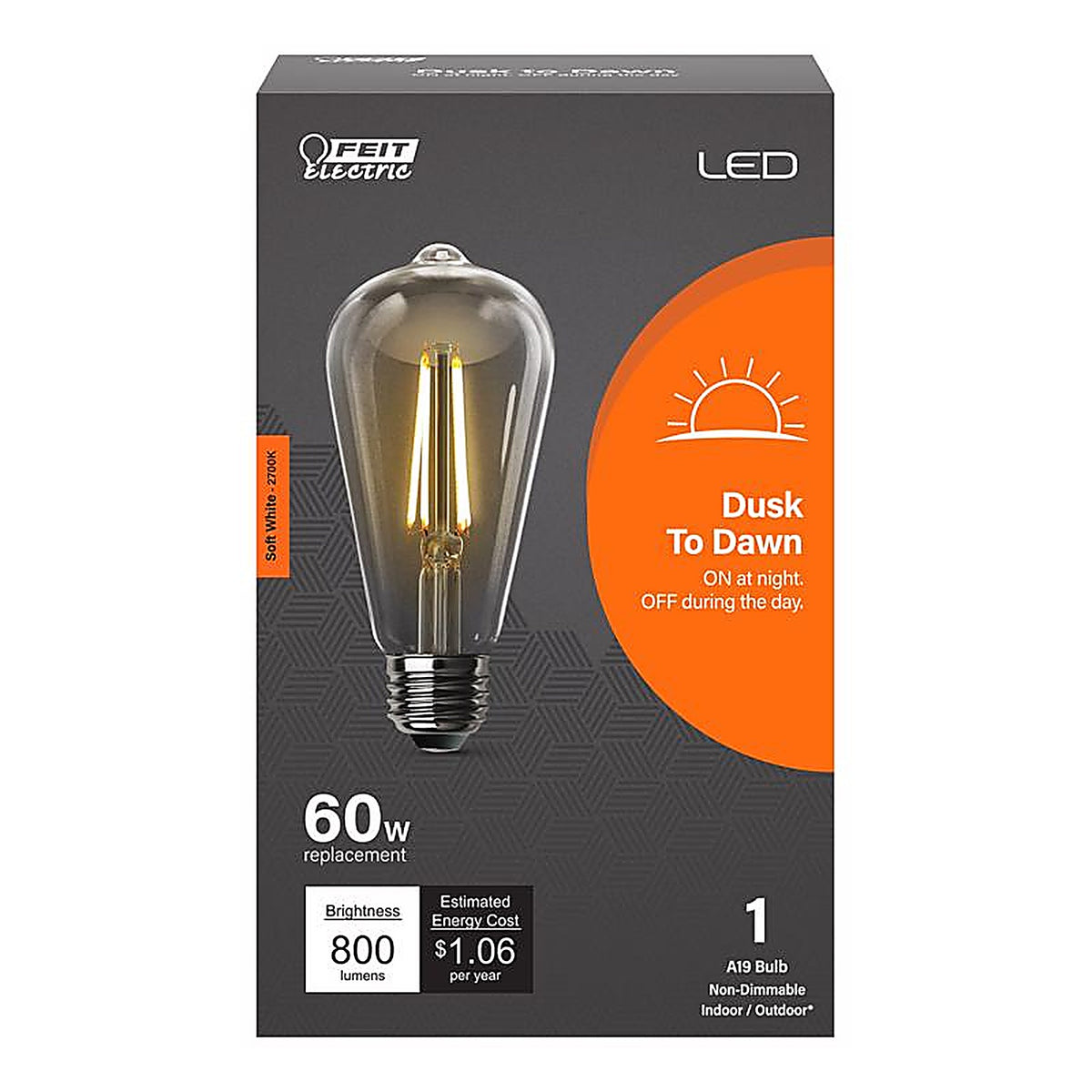 Feit Electric ST19C927CADDFLD ST19 E26 (Medium) LED Dusk to Dawn Bulb Soft White 60 Watt Equivalence 1 pk