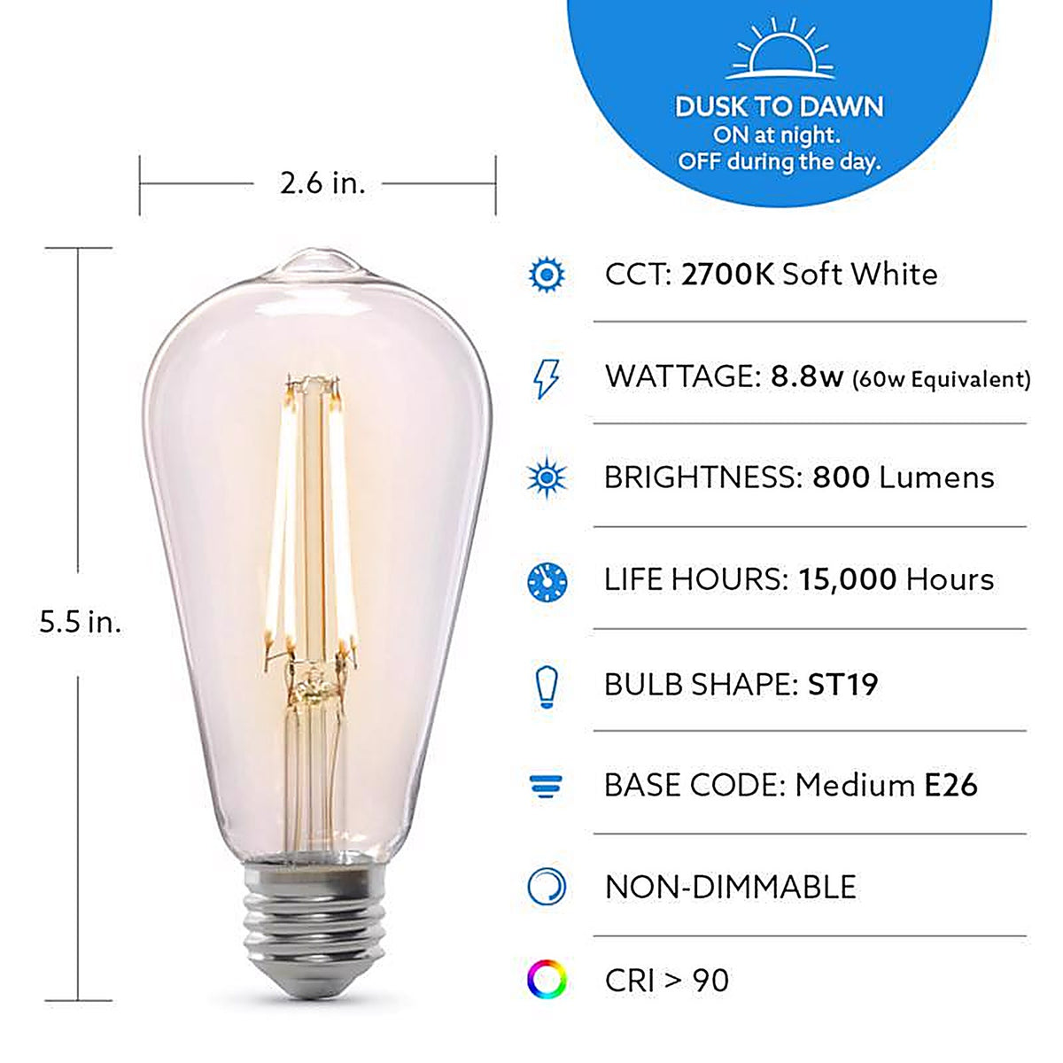 Feit Electric ST19C927CADDFLD ST19 E26 (Medium) LED Dusk to Dawn Bulb Soft White 60 Watt Equivalence 1 pk