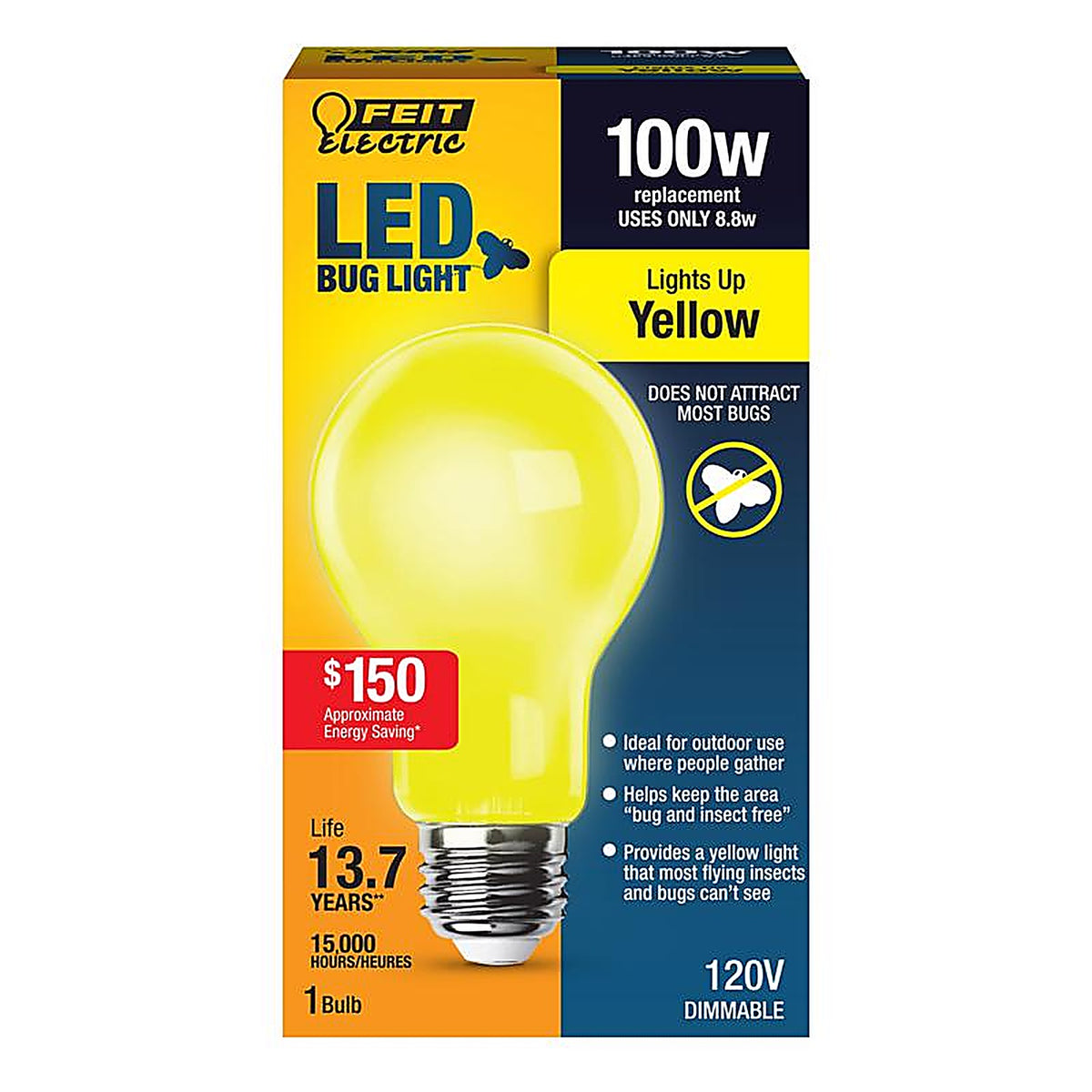 Feit Electric A19100/BUG/LED A19 E26 (Medium) LED Bulb Yellow 100 Watt Equivalence 1 pk