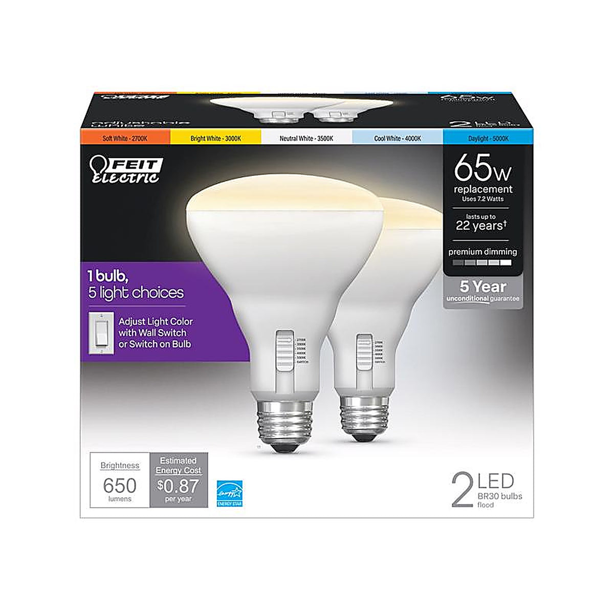 Feit Electric BR30DM/6WYCA/2 BR30 E26 (Medium) LED Light Bulb Tunable White/Color Changing 65 Watt Equivalence 2 pk