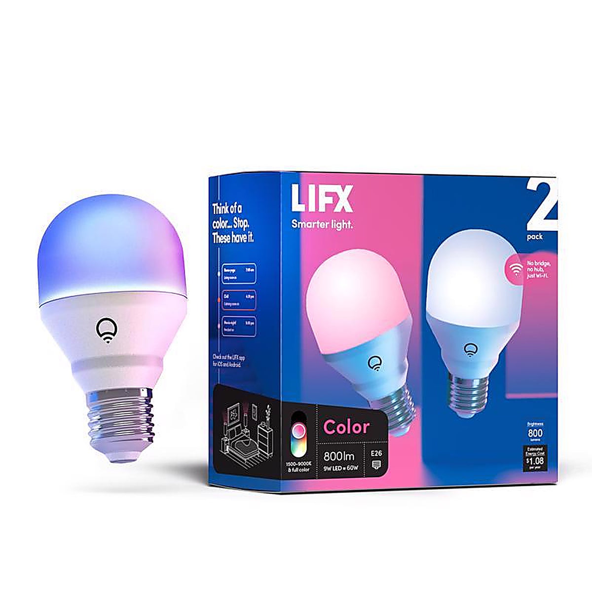 Lifx - HB2L3A19C08E26U - Smart Home A19 E26 (Medium) Smart-Enabled LED Bulb Color Changing 60 Watt Equivalence 2 Pack