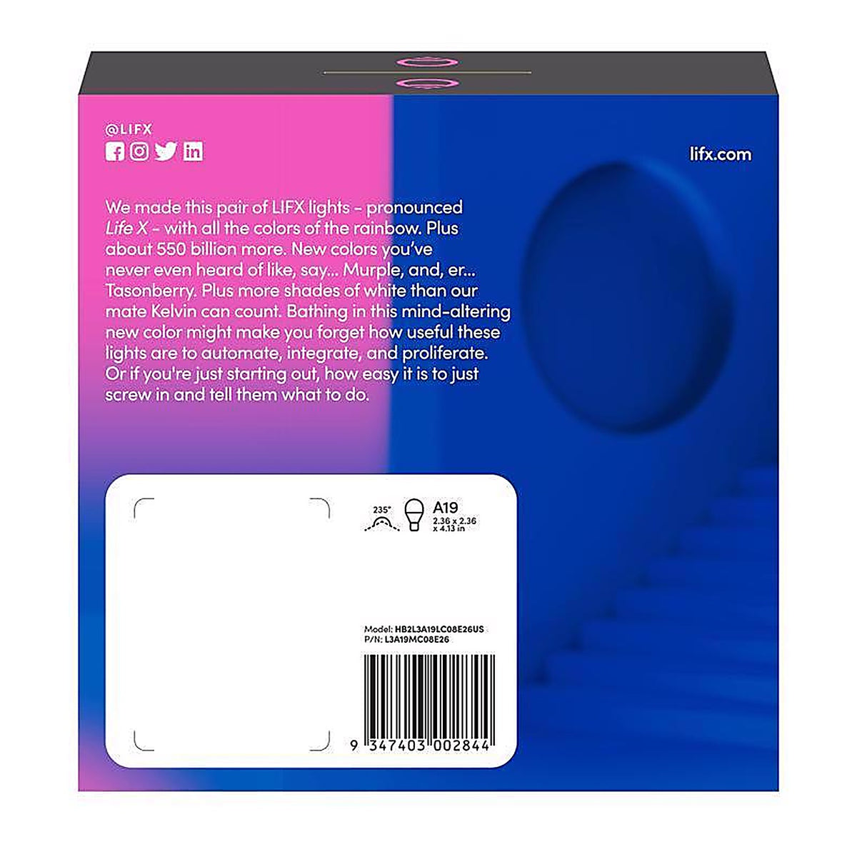 Lifx - HB2L3A19C08E26U - Smart Home A19 E26 (Medium) Smart-Enabled LED Bulb Color Changing 60 Watt Equivalence 2 Pack
