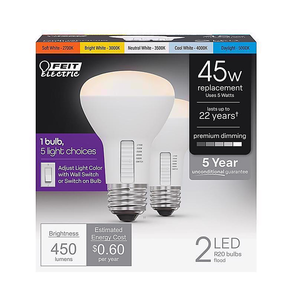 Feit - R20DM/6WYCA/2 - R20 E26 (Medium) LED Bulb Adjustable White 45 Watt Equivalence 2 Pack