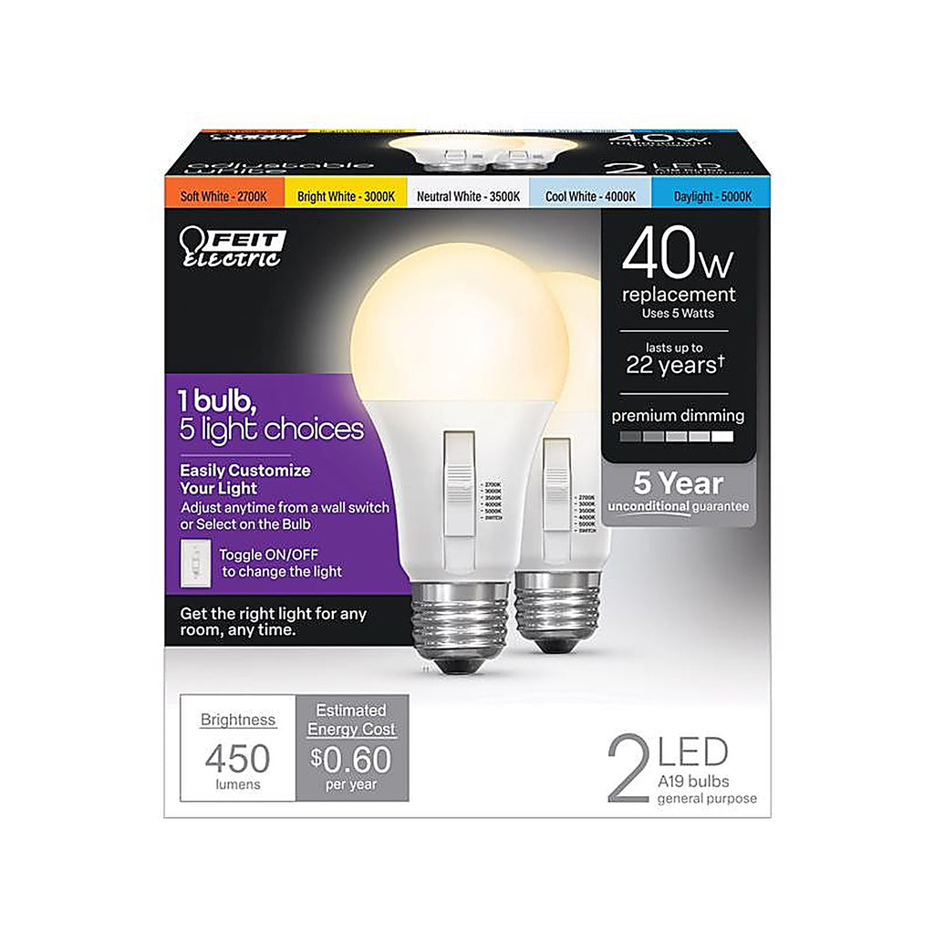 Feit - OM40DM/6WYCA/2 - A19 E26 (Medium) LED Bulb Adjustable White 40 Watt Equivalence 2 Pack