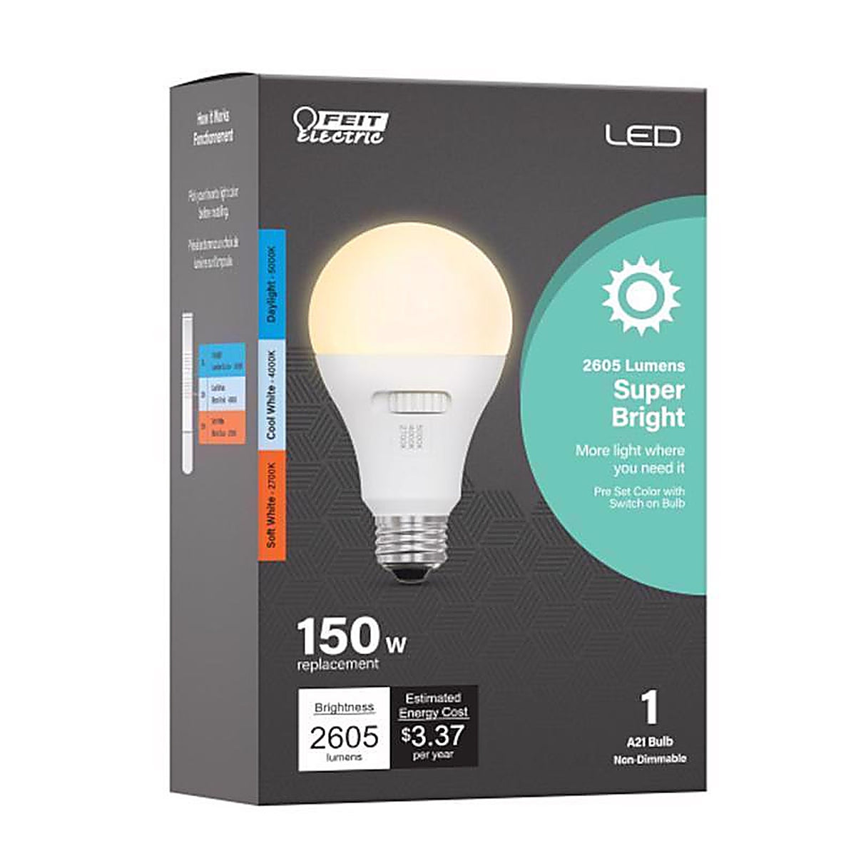 Feit - OM1503CCTCALEDI - A21 E26 (Medium) Smart-Enabled LED Bulb Adjustable White 150 Watt Equivalence 1 Pack